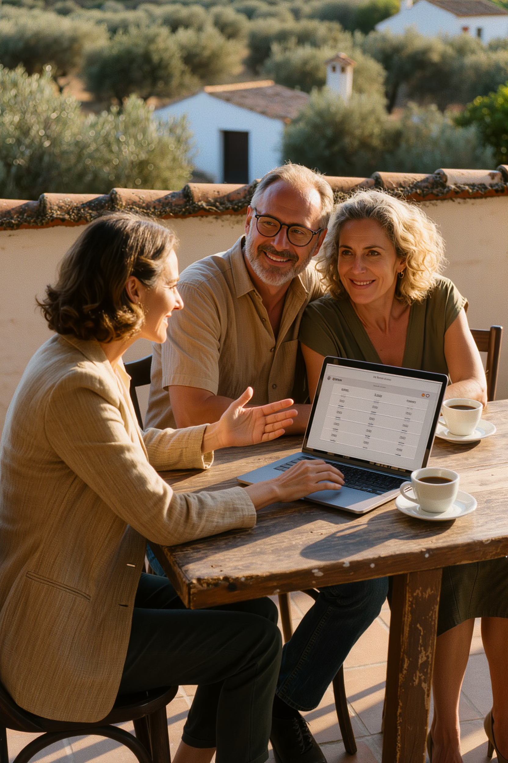 Happy couple holding keys on a sunlit Mediterranean terrace overlooking the Spanish coast