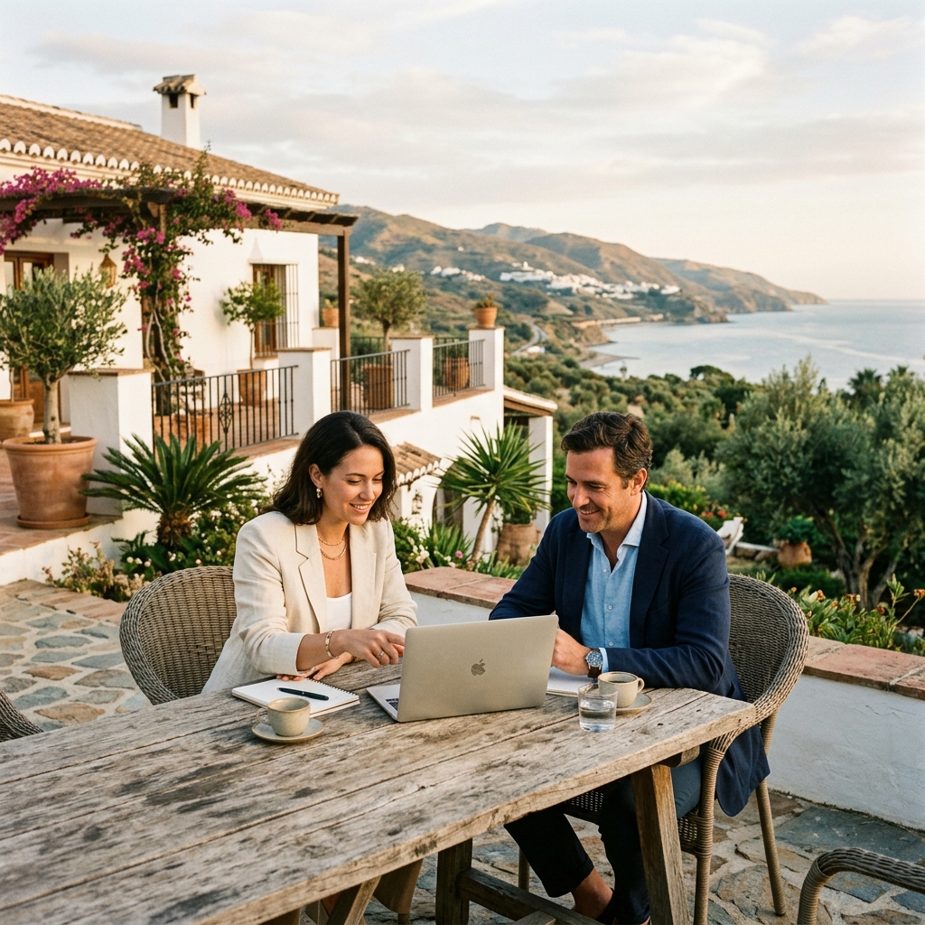 Two property professionals collaborating on plans in a sun-drenched Spanish villa
